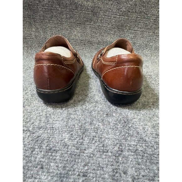 Clarks Womens Brown 9M Leather Slip-On Comfort Shoes W/ Button Accent - Picture 14 of 16